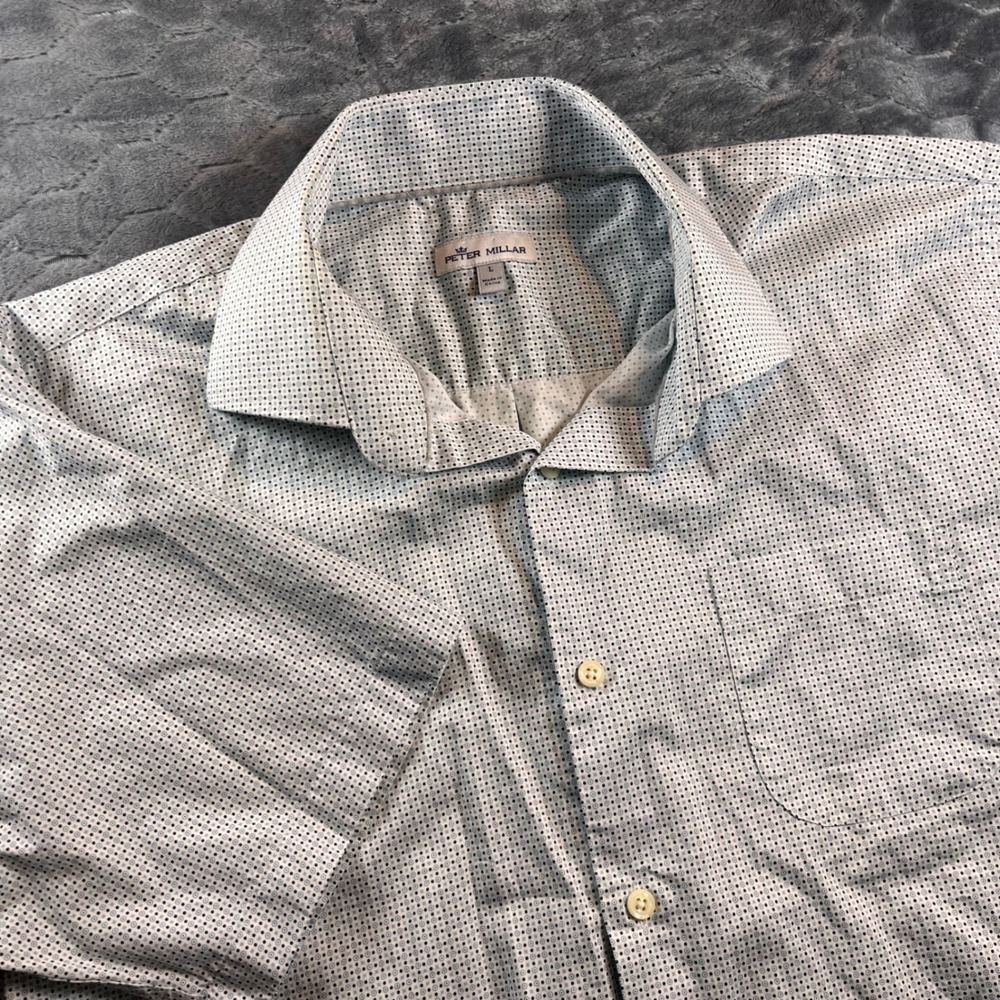 Peter Millar Mens Large Short Sleeve Button Up Shirt Geometric Print White Blue
